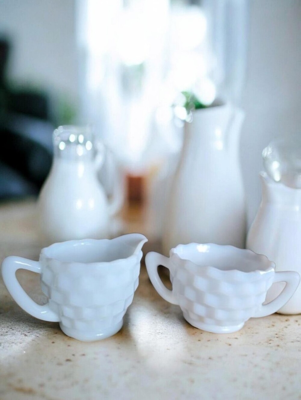 VINTAGE ANCHOR HOCKING White Milk Glass Creamer/Sugar Bowl set